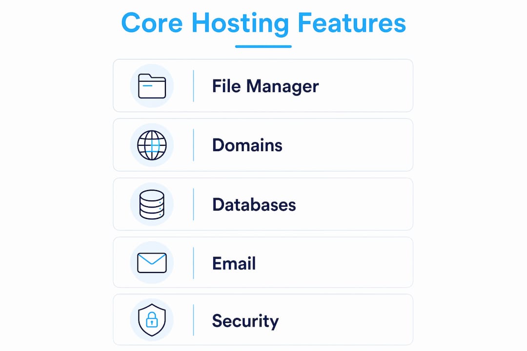 Infographic listing the main features of a web hosting control panel