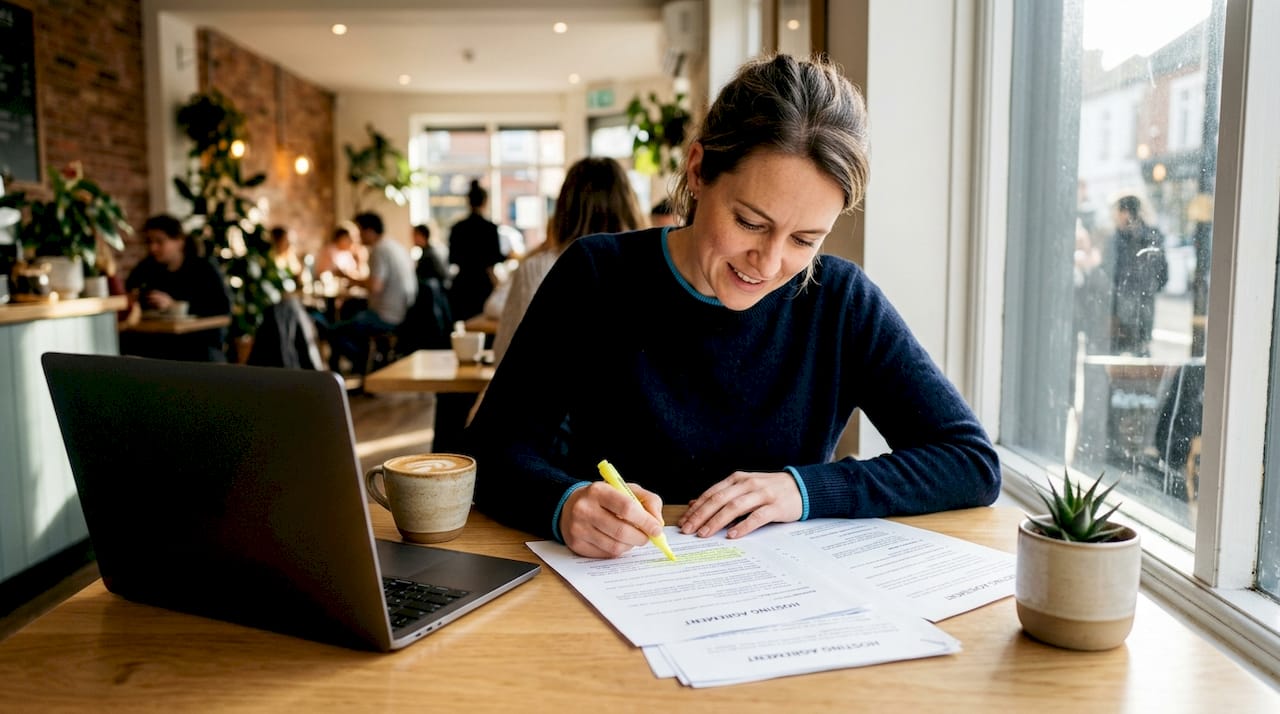 Founder reviewing hosting contracts at a desk
