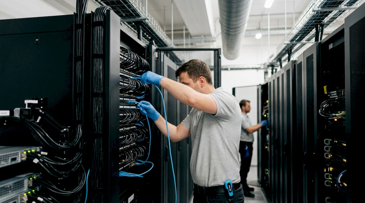Technician handling server rack cables in a data centre